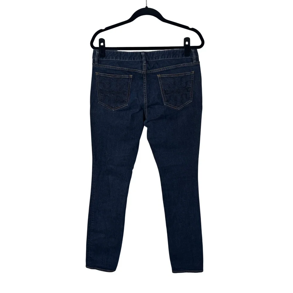 Tory Burch Super‎ Skinny Mid Rise Jeans Dark Wash Logo Pocket Size 31